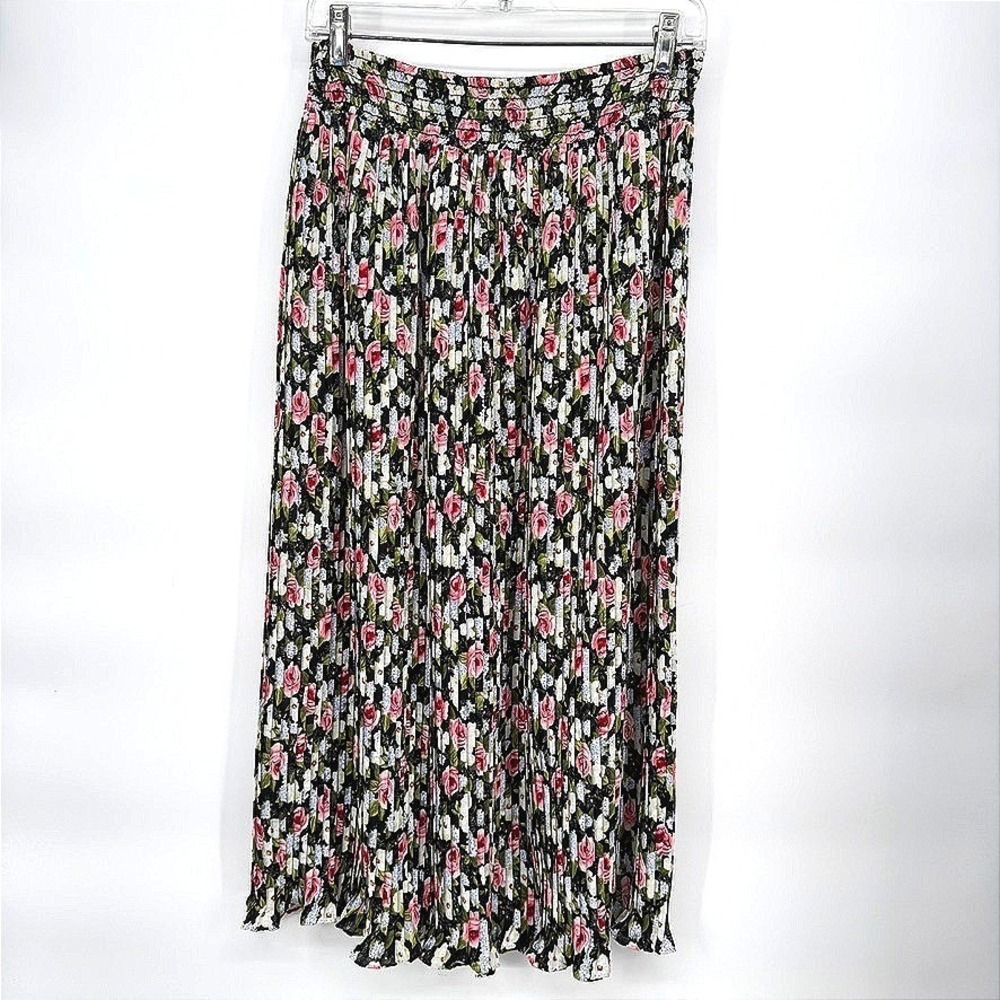 Floral Pleated Midi Skirt Smocked Waist Ruffled Hem Flowy Boho Romantic Medium